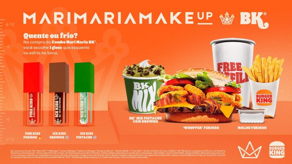 Aromas e cores do Burger King estão na collab de três glosses com Mari Maria MakeUp