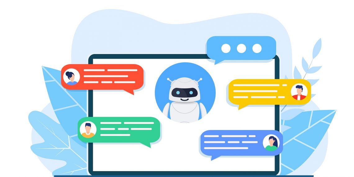 Chatbot robot concept. Dialog help service. User and bot speech messages. people chatting with cute smiling robot. Dialog with bot. Vector illustration in flat style